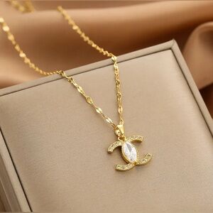 18K Gold Letter C Monogram Center Diamond Pendant Necklace Geometrical Design